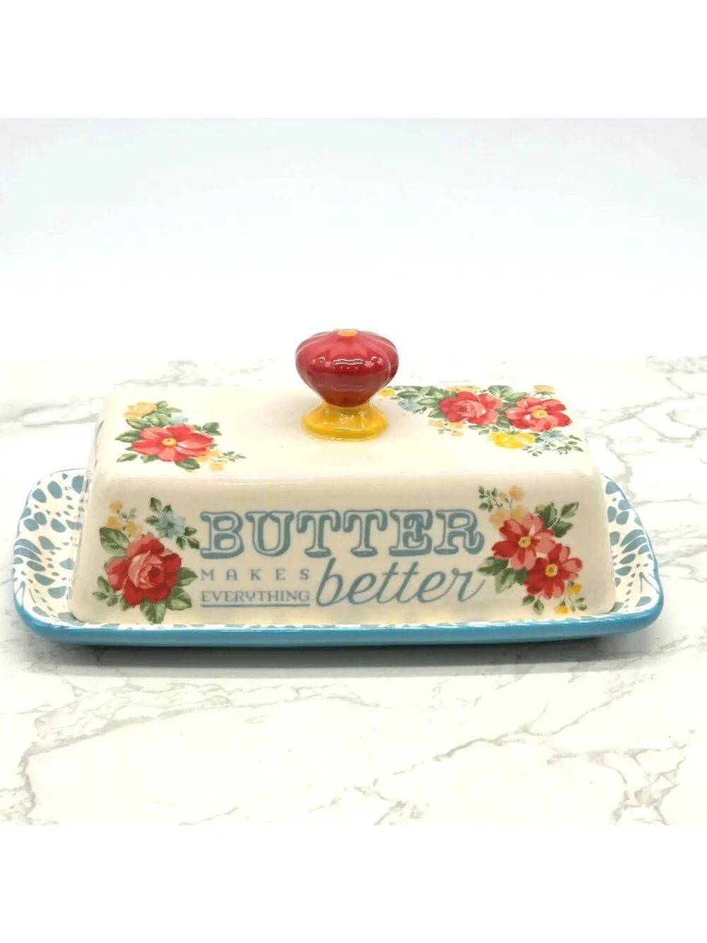 Pioneer Woman Covered Butter Dish VINTAGE FLORAL Stoneware Blue Cottage Country